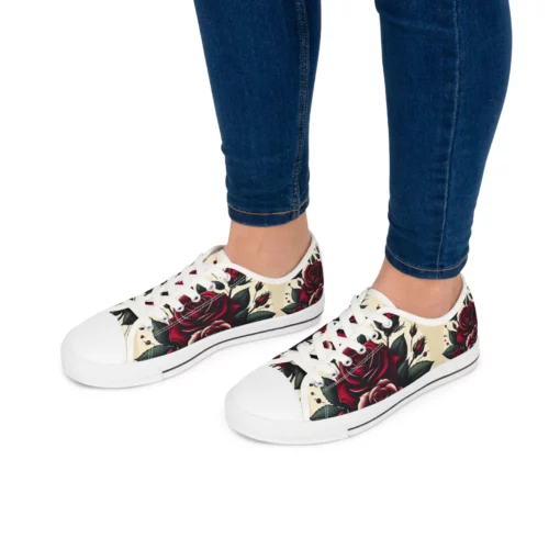 Floral Rose Print Women's Low Top Sneakers SE26 - Image 2